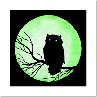 Scary Vintage Owl and Acid Green Watercolor Moon Posters and Art